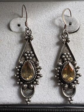 Ornate Sterling Silver Citrine Teardrop Gemstone Dangle Earrings